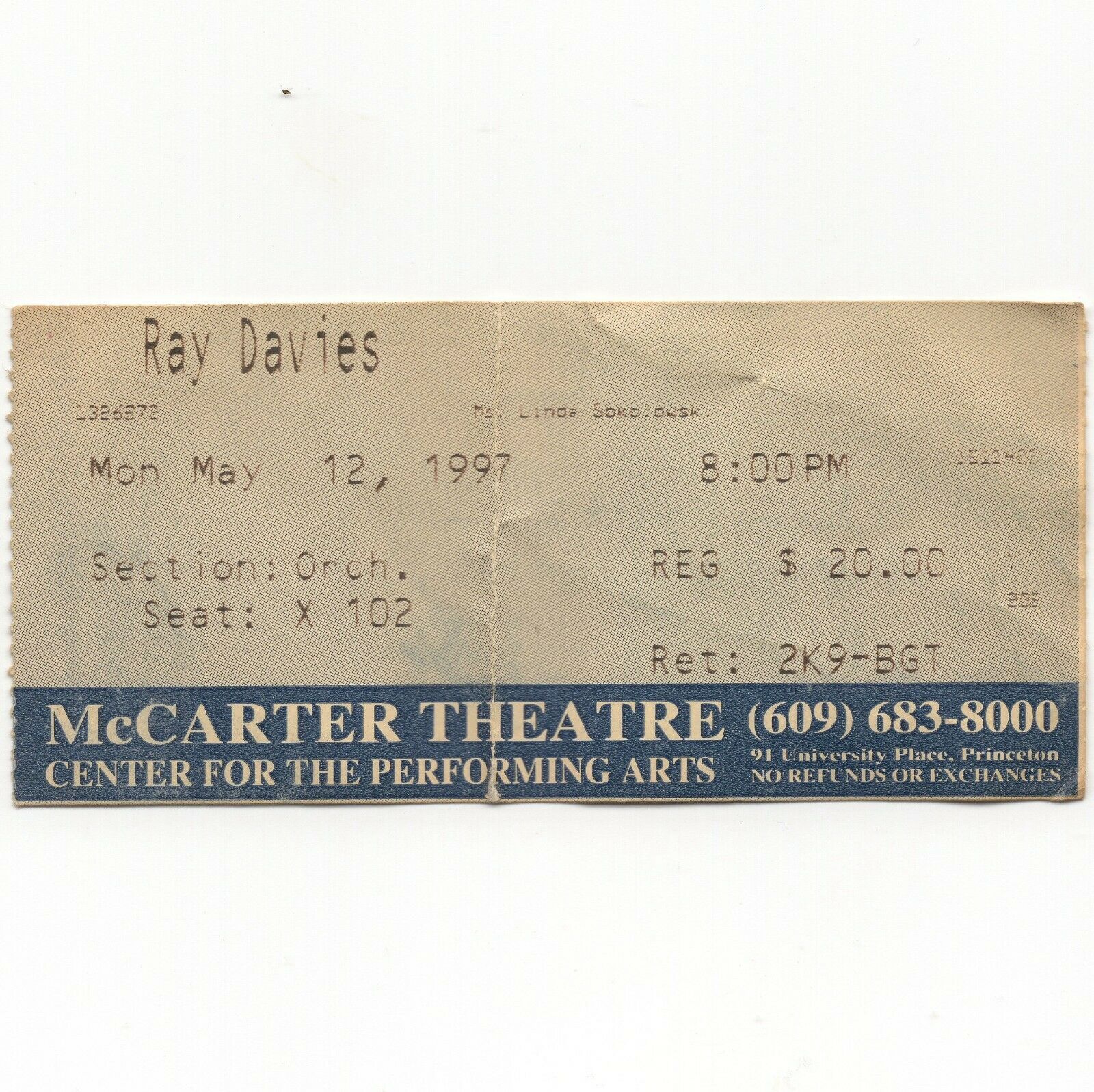 RAY DAVIES Concert Ticket Stub PRINCETON NJ 5/12/97 McCARTER THEATRE THE KINKS