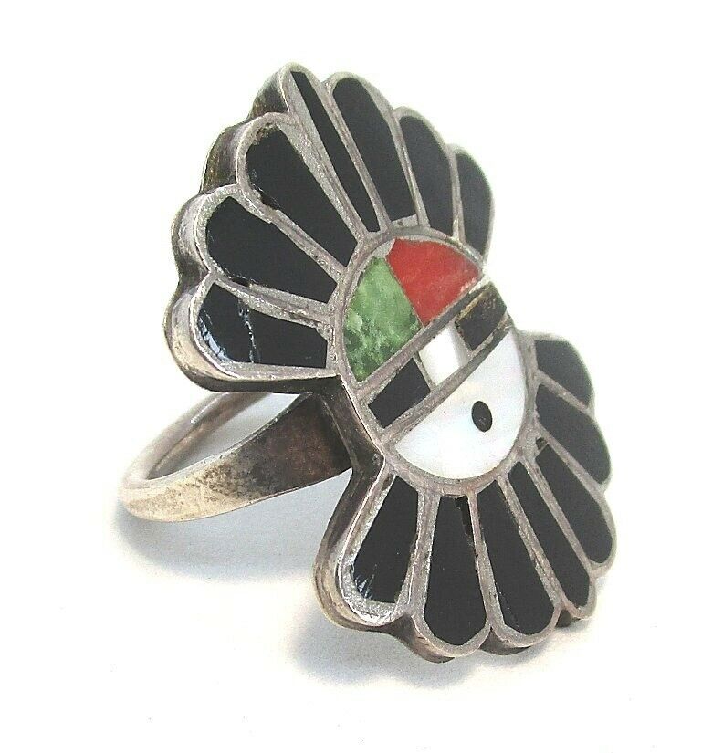 Southwest Silver Sun Face Ring Mop / Turquoise / Onyx / Coral  7.9 Grams